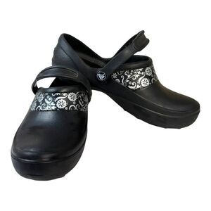 Black Crocs W8 Slip-On Clogs With Floral Strap Design & Heel Strap 8 Wide Flower
